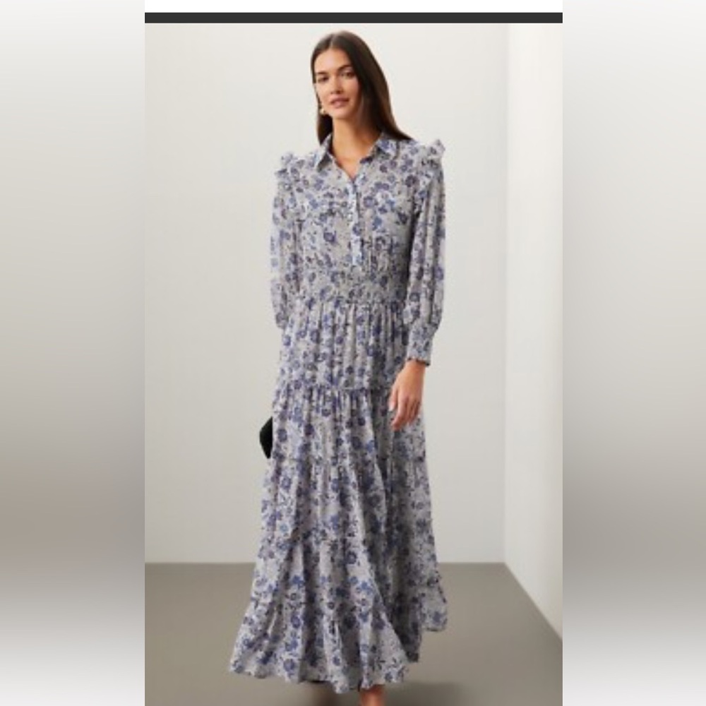 Misa Los Angeles Aydeniz Blue Floral Ruffled Maxi Dress Size Small